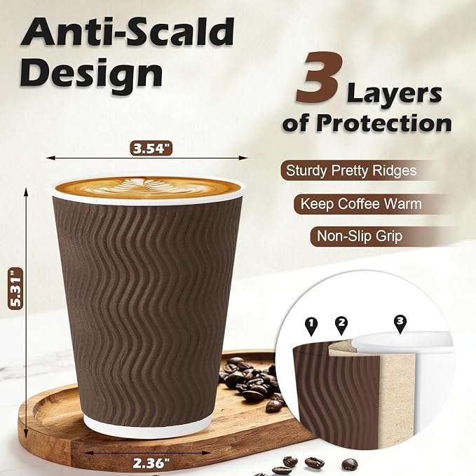 Clawsoff 500 Pack 12 oz Insulated Disposable Paper Coffee Cups Brown | Thick - Image 2