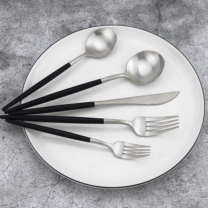 Black Handle Matte Silver Silverware Set - Image 3