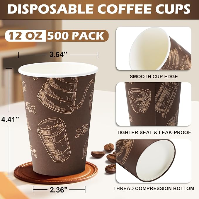 12 oz 500 Pack Disposable Coffee Cups, Thickened Paper Cups Bulk | Paper Coffe - Image 2