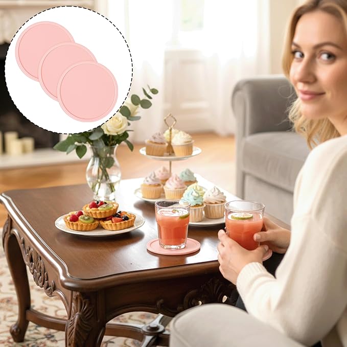 3 PCS Silicone Coasters, Non-Slip Desk Coasters Pink Round Coaster Heat - Image 7