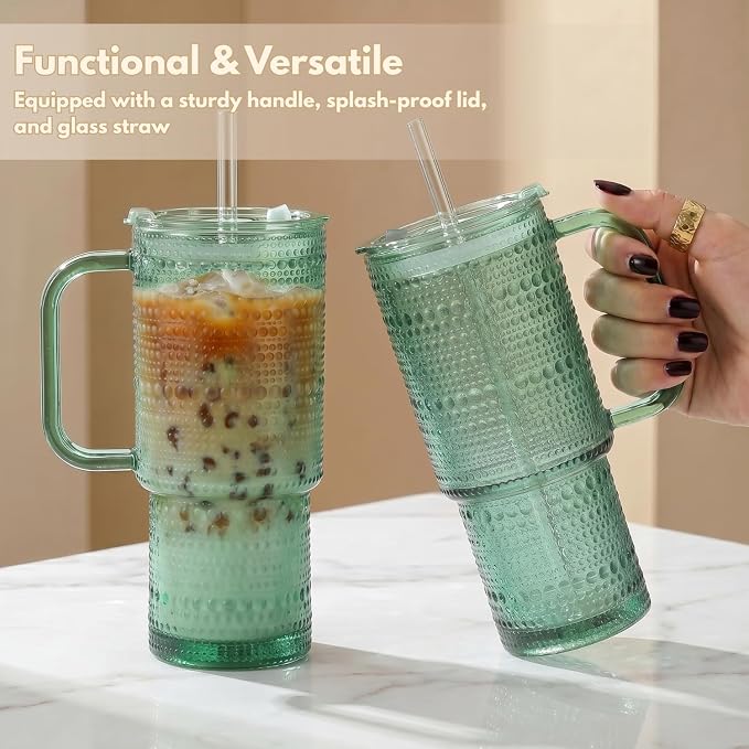 20 oz Green Glass Tumbler with Lid and Straw, Glass Iced Coffee Cups, - Image 2