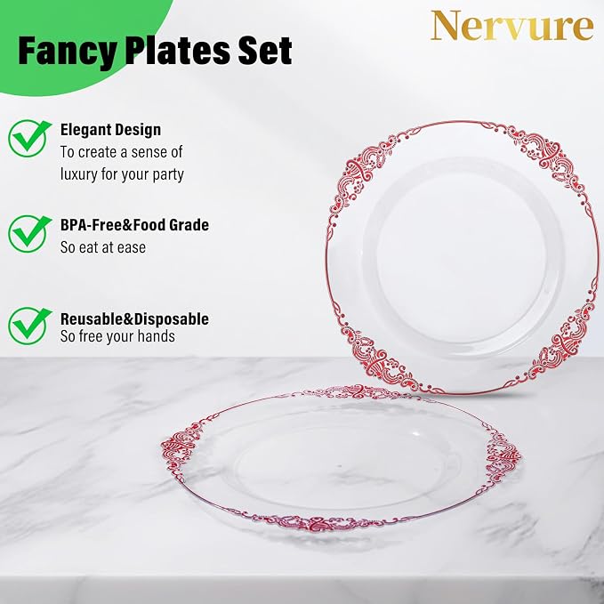 Nervure 100Pcs Clear Red Plastic Plates, Party Plates Set - Image 5