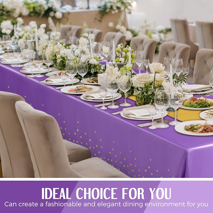 8 Pack Purple and Gold Disposable Plastic Tablecloths and Satin Table Runner Set - Image 6