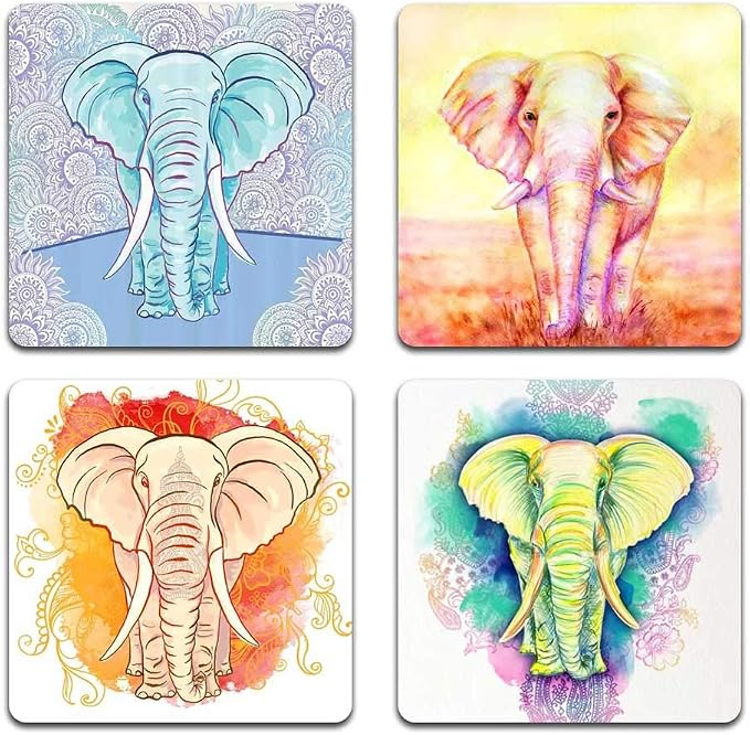 Watercolor Elephant Square Coaster Set by QJ+CMJ