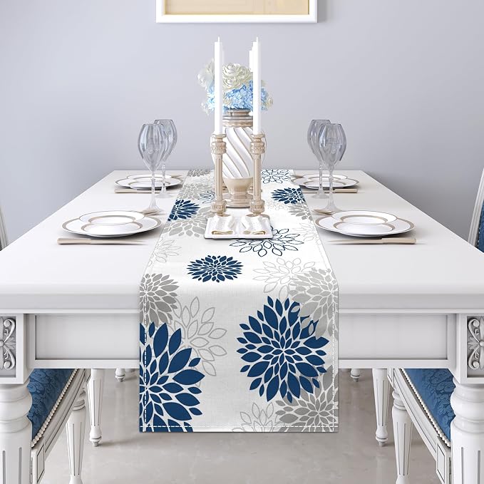 Dahlia Flower Table Runner 13x36 Inch Farmhouse Blue Gray Runners Modern Table - Image 5