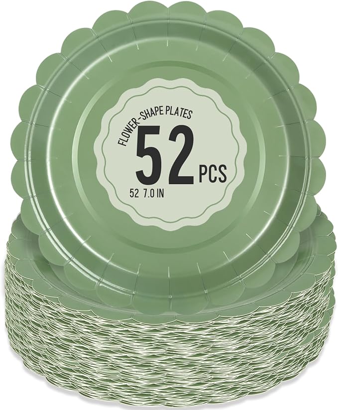 52 Pcs Sage Green Paper Plates 7 Inch Scalloped Dessert Plates by Polinook-TheAnswerToEveryClutteredSpace