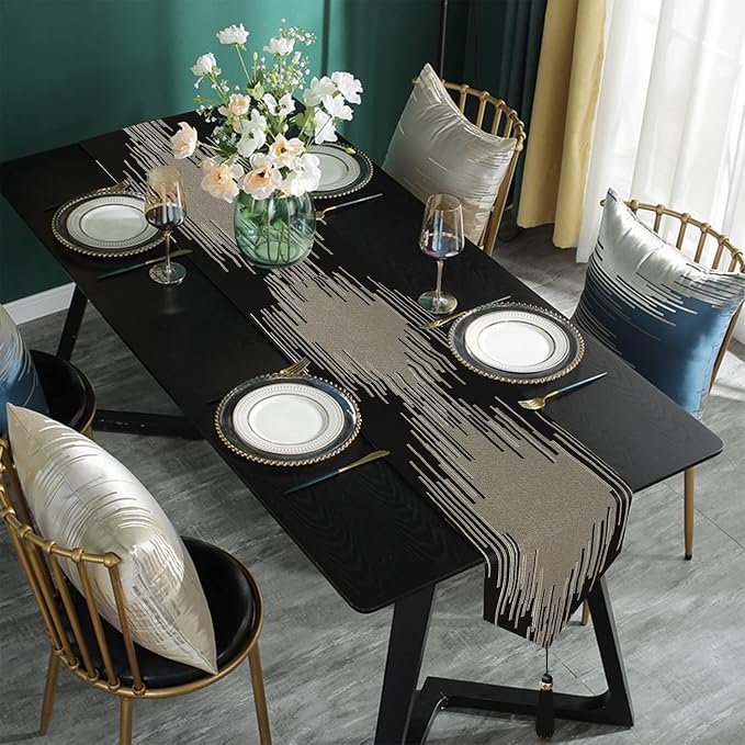 Elegant Black Table Runner, Modern Abstract Geometric, Tassels | Table Runners - Image 6