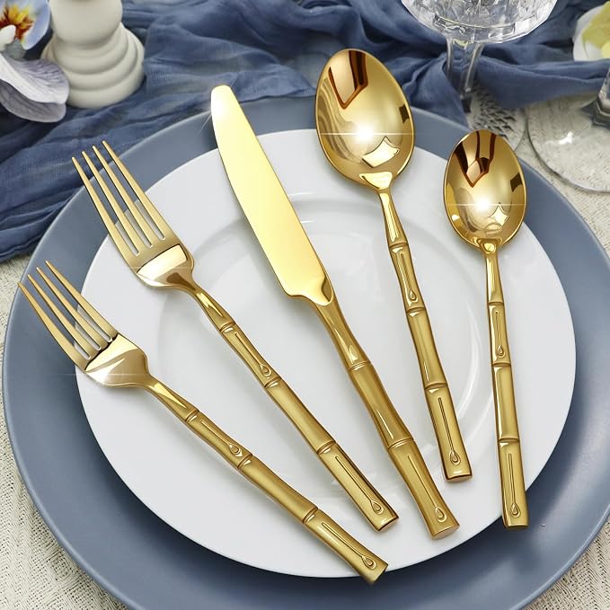 Gold Silverware Set 20-Piece Bamboo Pattern Service - Image 7