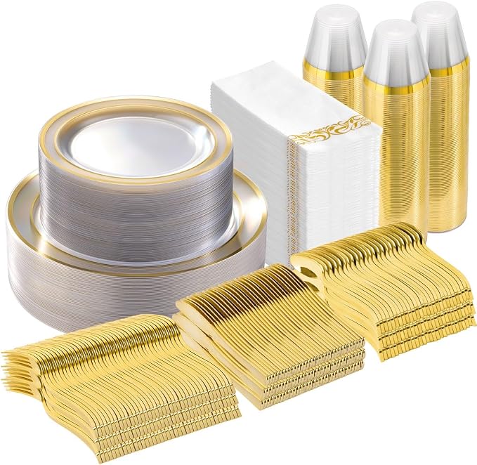 350 Pieces Clear Gold Disposable Dinnerware Set by GoodLuck