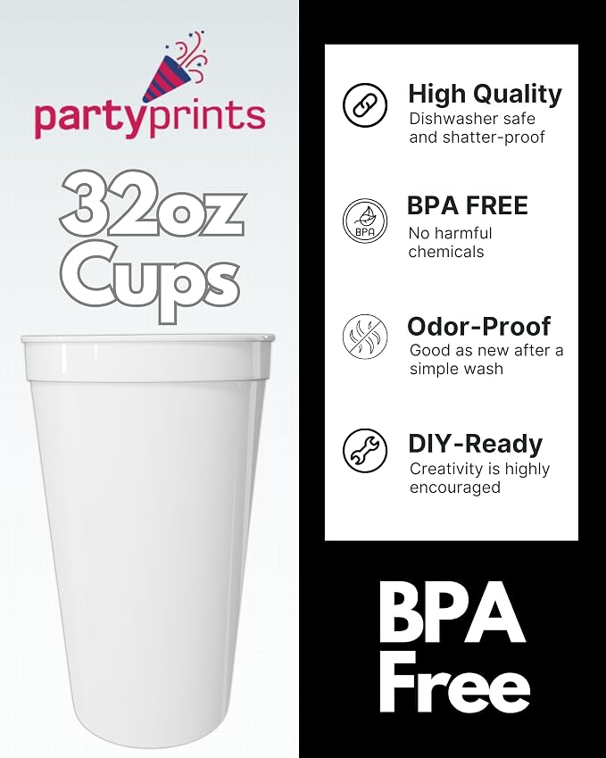 PartyPrints 100 Pack 32 oz White Blank Plastic Cups, Colored Plastic Drinking & - Image 2