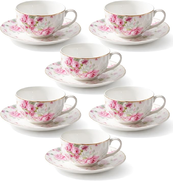BTaT- Floral Tea Cups and Saucers, 7 oz, Fine Porcelain Teacup Set by BrewToATea