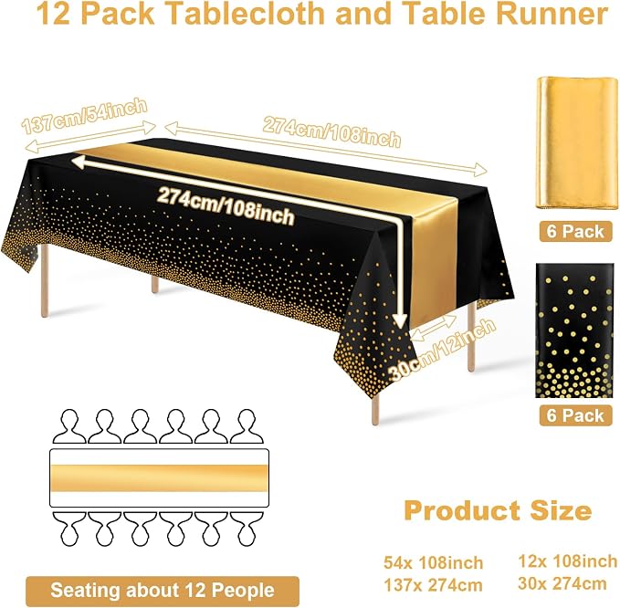 12Pack Disposable Plastic Tablecloths and Satin Table Runner Set Black and Gold - Image 2