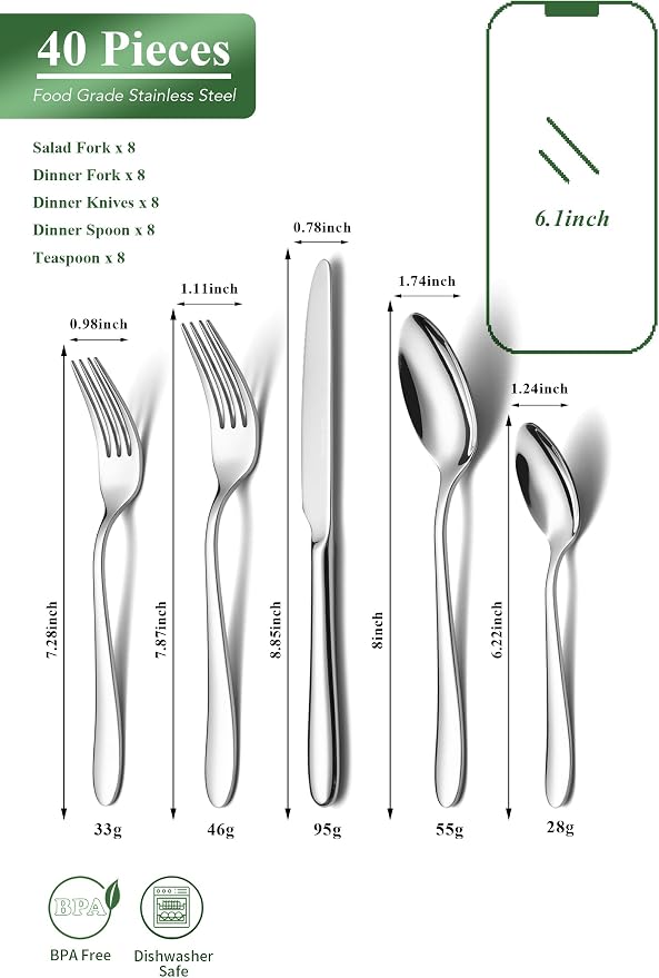 40 Piece Silverware Set for 8, Stainless Steel Flatware Set, Cutlery Sets - Image 2