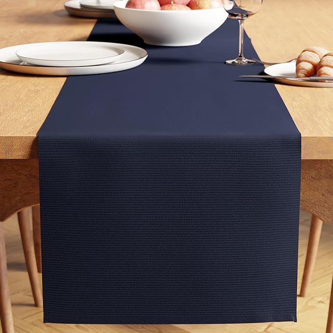 Encasa XO Table Runner, Yarn Dyed Ribbed Cotton 13"x98" | Solid Navy Blue by EncasaXO