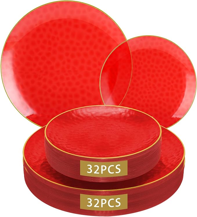 64 Pcs Red Plasitc Plates for Patriotic Day, 32 Guests Clear Red Plates by BONSINY