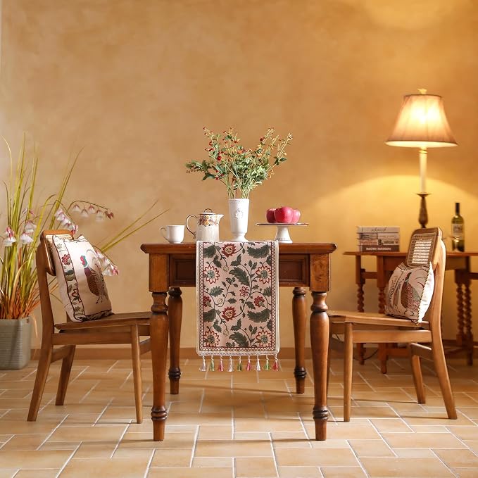 Designer Vintage Linen Extra Long Table Runner, Floral Leave Pattern, Dining - Image 3