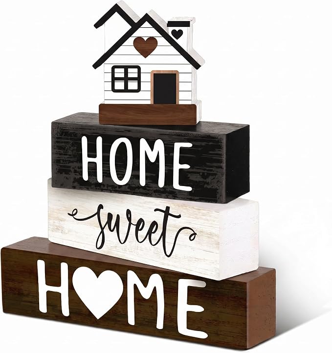 Cinnvoice 4 Pcs Woodhouse Wooden Block Decor Farmhouse Tiered Tray Signs Home by Cinnvoice