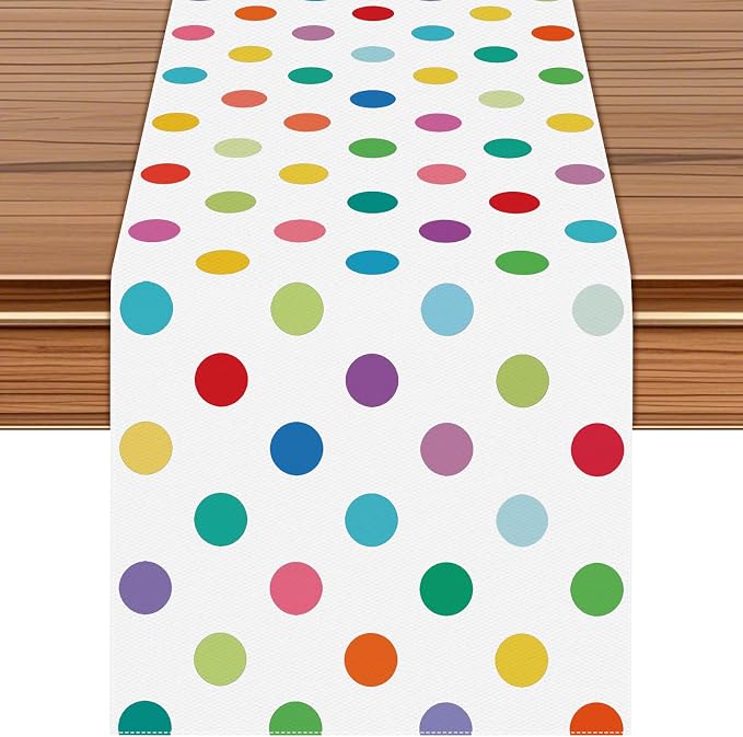 Colorful Polka Dot Table Runner, 13x48 Inch Rainbow Dot Dining Table Decor | by Unknown