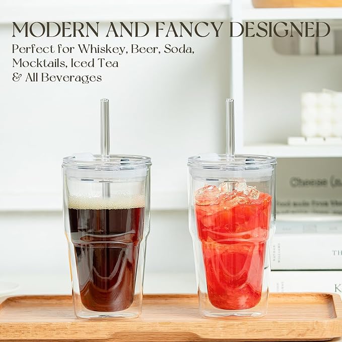 KEMORELA Set of 4 Double-Walled Glass Cups, 16 oz / 480 ml Insulated Tumblers - Image 3