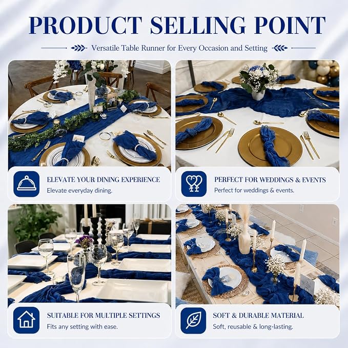 12 Pack Royal Blue Cheesecloth Table Runner 17x108 Inch Boho Rustic Semi Sheer - Image 7