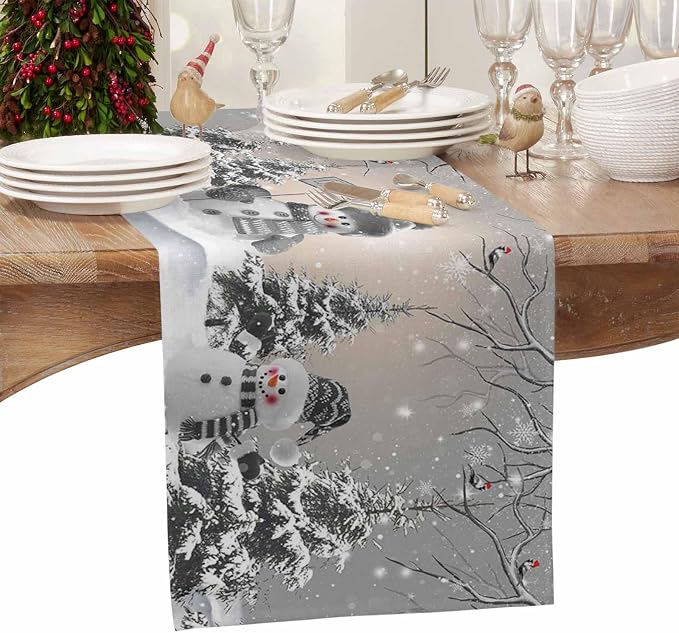 Christmas Snowman Table Runners 90 Inches Long, Cotton Linen Fabric Snowflake - Image 4