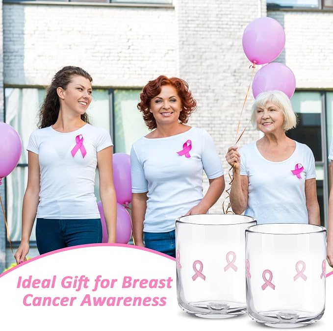 SiliFine 2 Pcs Pink Ribbon Icon Juice Glasses - 14oz Cancer Ribbon Stemless - Image 6