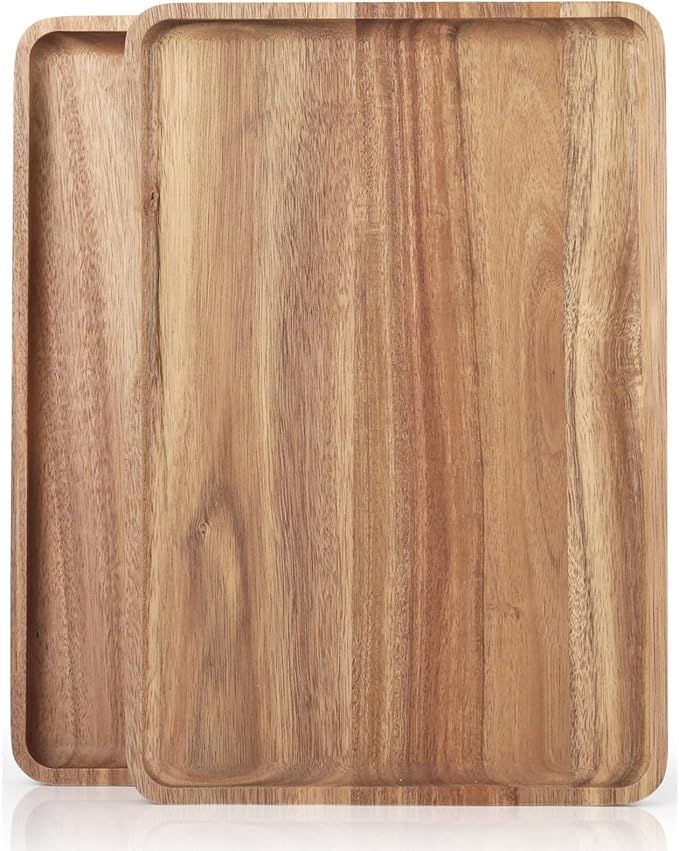 2 PCS 16 x 12 in Large Solid Acacia Wood Serving Trays Rectangular Wooden by focusonwoodandbamboo
