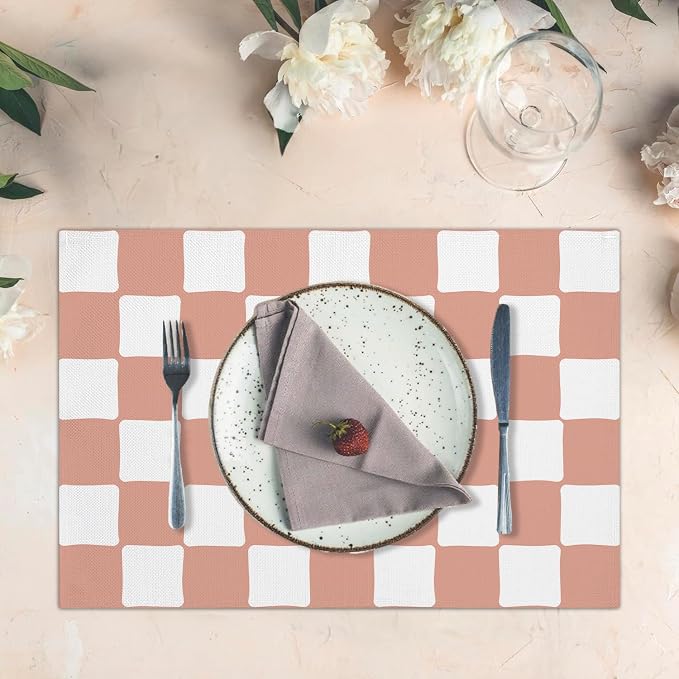 Pink and White Check Plaid Placemats Set of 4, Washable Heat Resistant - Image 3