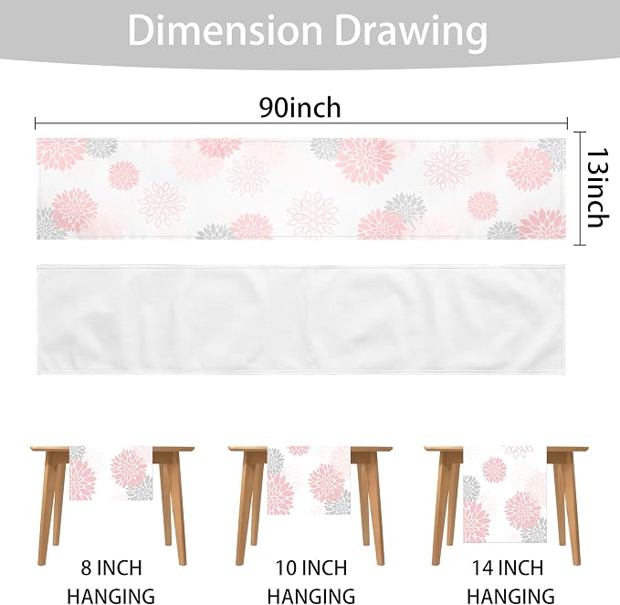 Dahlia Flower Table Runner 13x90 Inch Farmhouse Pink Gray Runners Modern Table - Image 6
