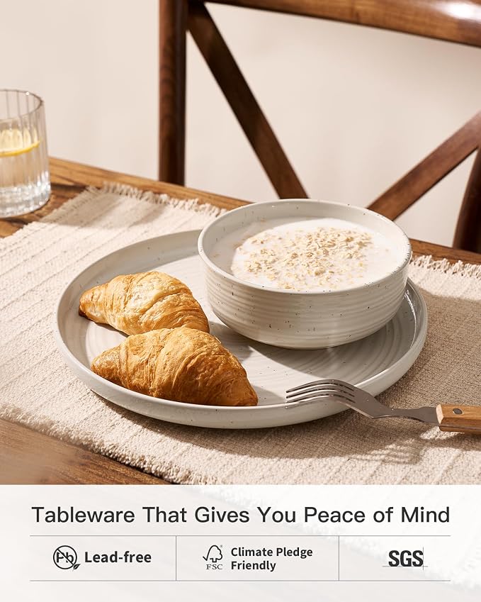 Stoneware Dinnerware Sets for 4, Reactive Glaze Plates & Bowls, Shell Beige | - Image 3