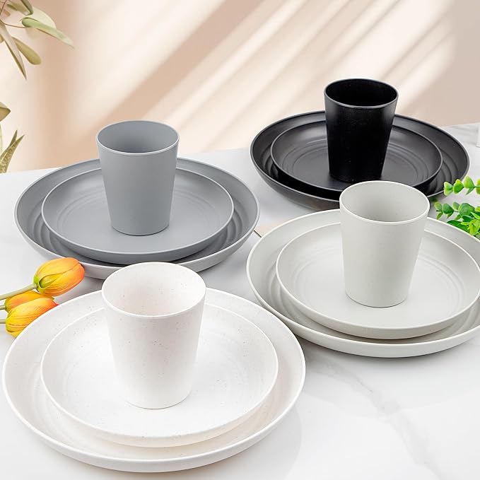 32pcs Multicolor Reusable Wheat Straw Dinnerware Sets - Image 3