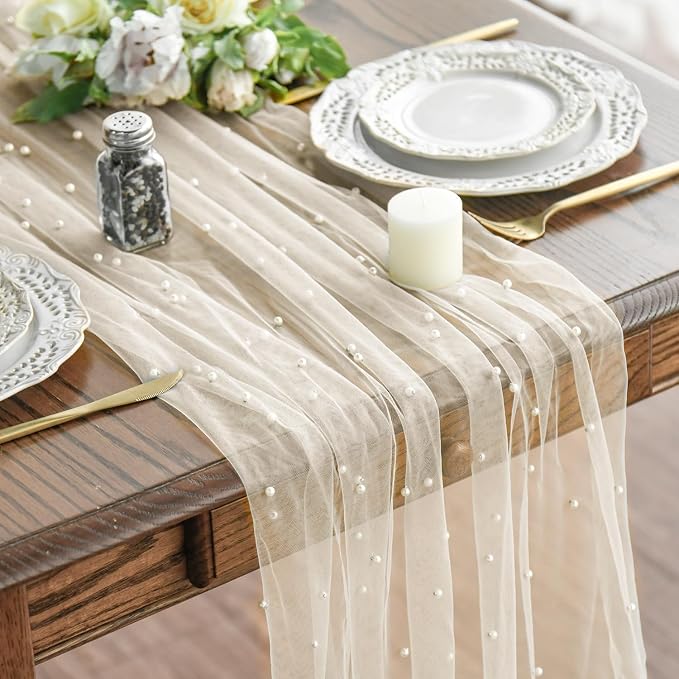Artoid Mode 10PCS Pearl Beige Gauze Table Runner 120 Inch 10FT, Seasonal Sheer by ArtoidMode