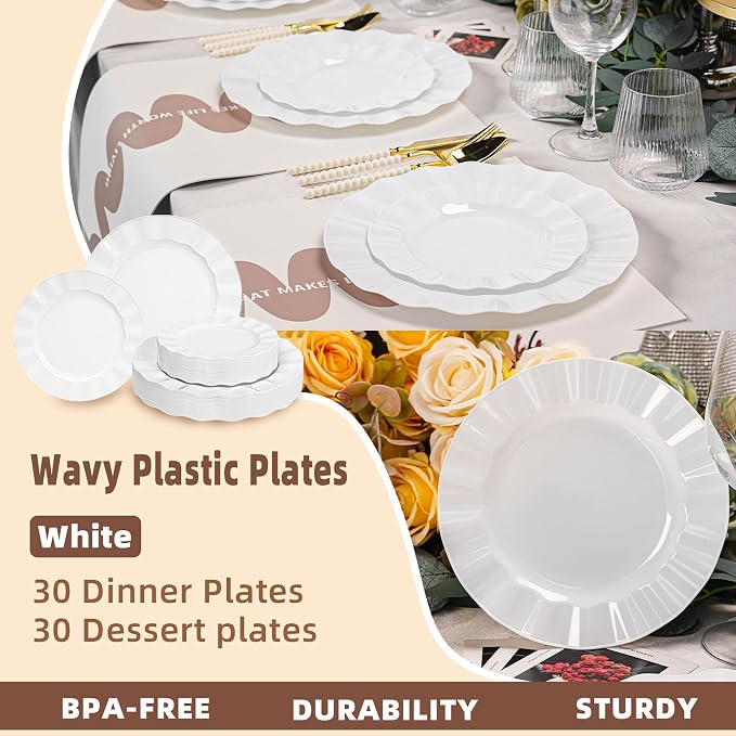60 Pcs White Plates, Wave Edge Design Disposable Plastic Plates | Disposable - Image 6