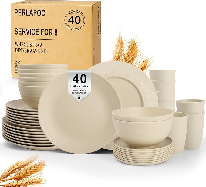 Dinnerware Sets 40 PCS Wheat Straw Plates and Bowls Sets by Perlapoc