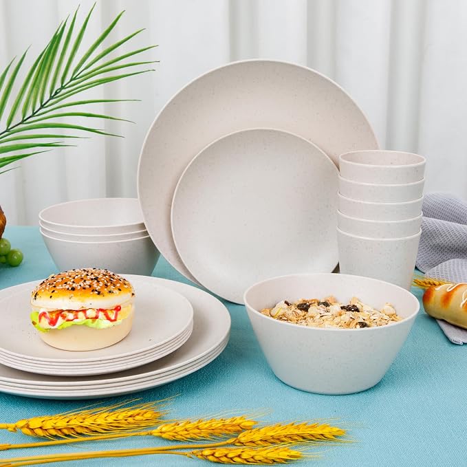 32Pcs Reusable Cream Wheat Straw Dinnerware Plates and Bowls Sets | Unbreakable - Image 5
