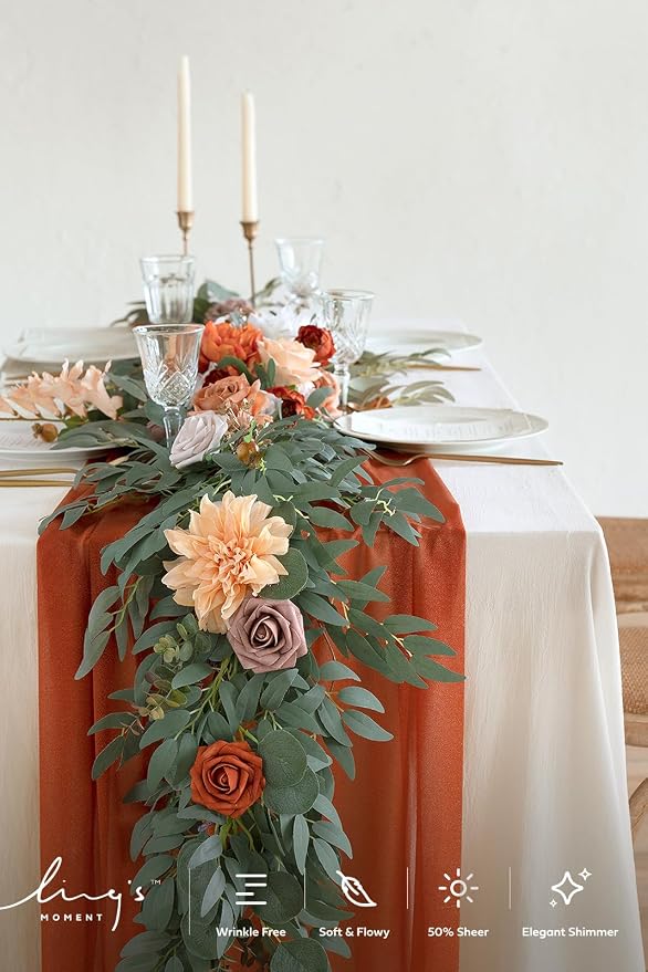 Ling's Moment 14Ft Terracotta Table Runner, Wedding Chiffon Table Runners | - Image 4