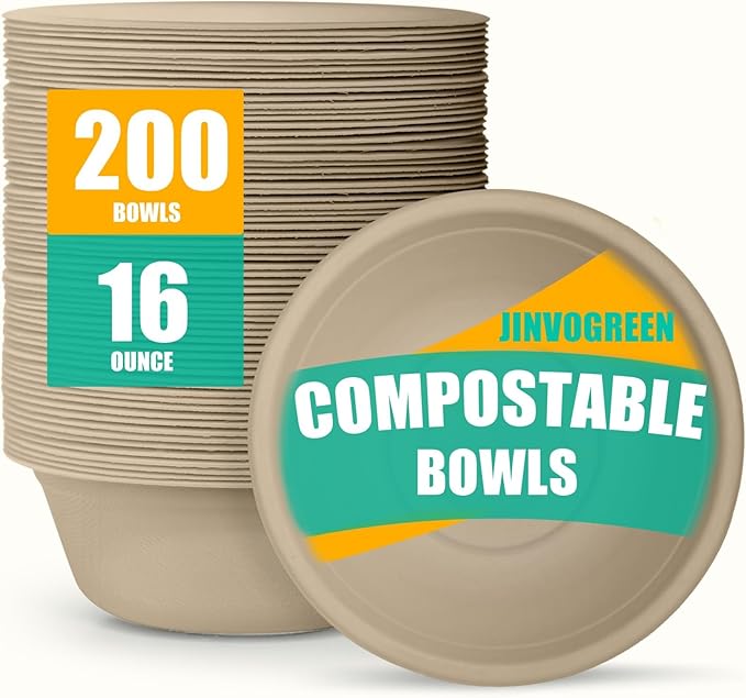 JINVOGREEN 200 Count 16 oz Paper Bowls, Disposable Compostable Bowls, Heavy by JINVOGREEN