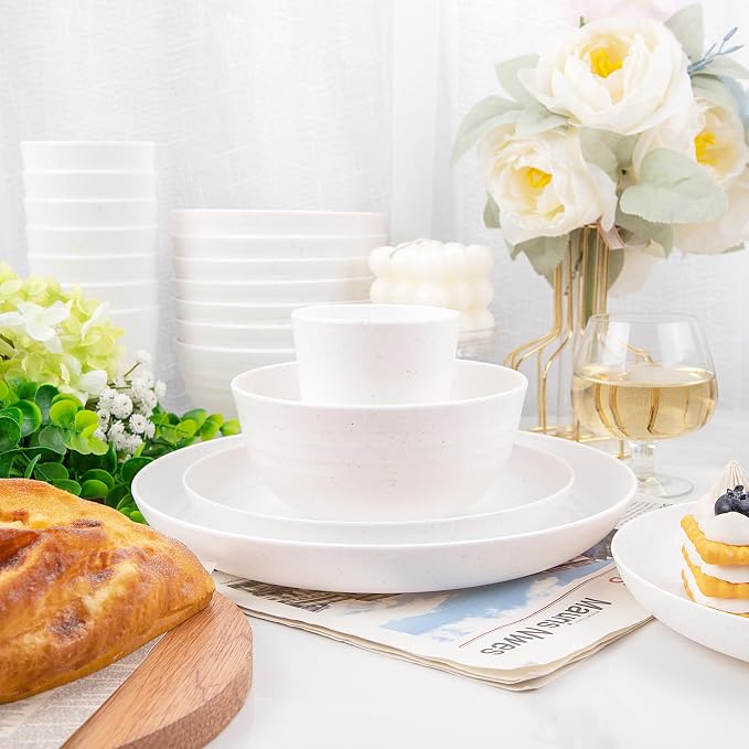 32pcs White Wheat Straw Dinnerware Set, Plates and Bowls Sets - Image 5