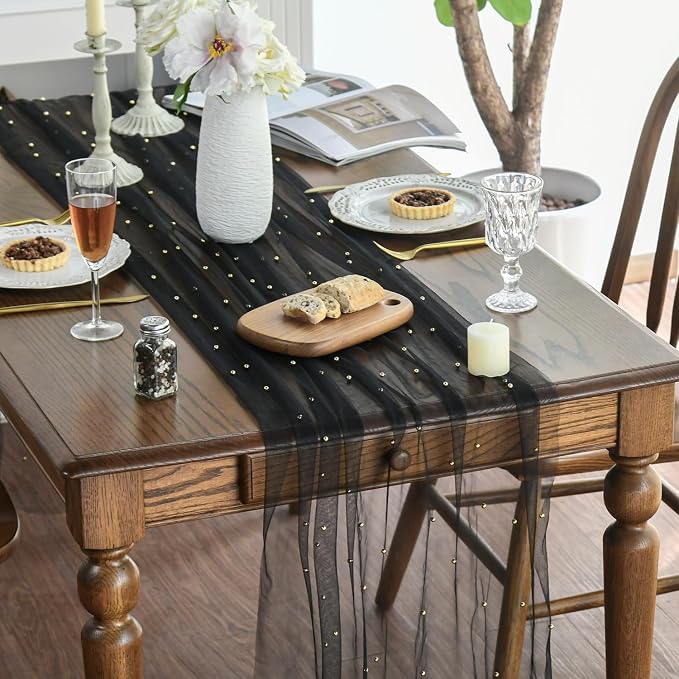 Artoid Mode 10PCS Pearl Black Gauze Table Runner 120 Inch 10FT, Seasonal Sheer - Image 3
