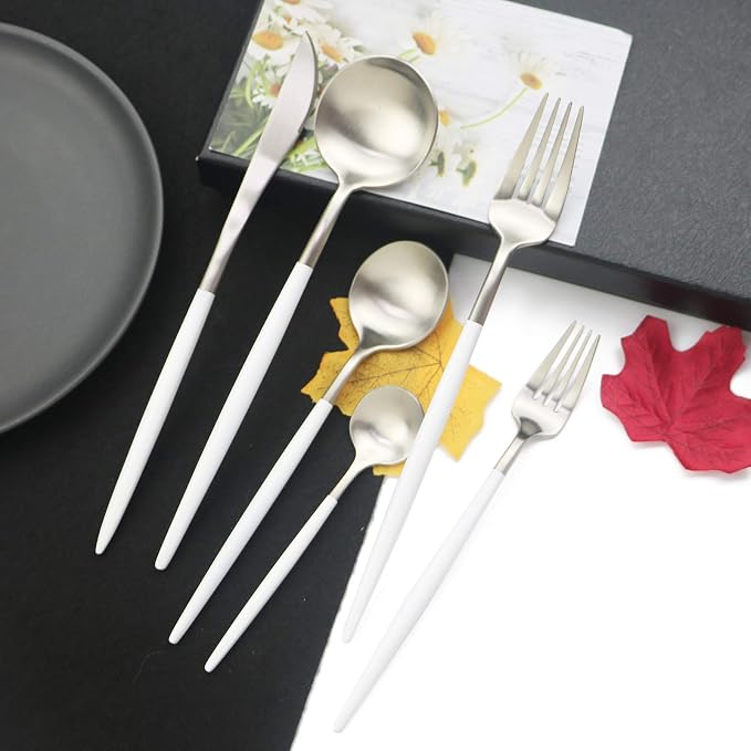 JASHII 18/10 White Handle Flatware Silver Silverware Set 304 Stainless Steel - Image 2