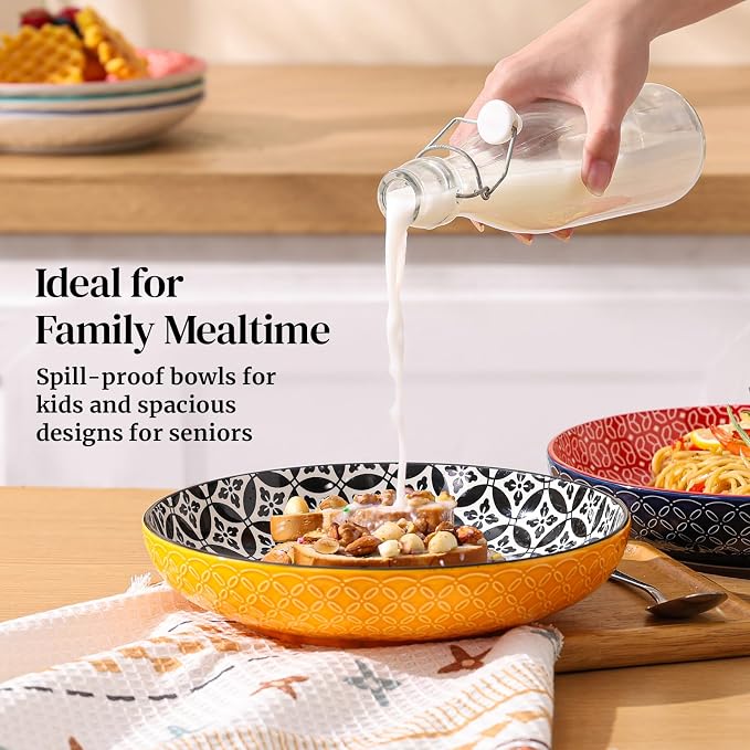 DOWAN 10" Vibrant Pasta, Salad & Soup Serving Bowls Set of 4, Embossed Large - Image 4