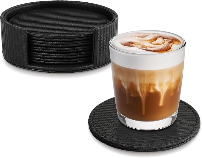 Leather Coasters Set of 6 with Holder, Tabletop Protection, Coffee Table & Bar by Unknown