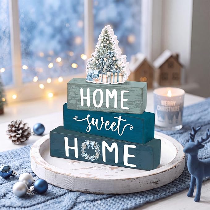 Cinnvoice 4 Pcs Blue Christmas Tree Wooden Block Decor Winter Farmhouse Tiered - Image 3