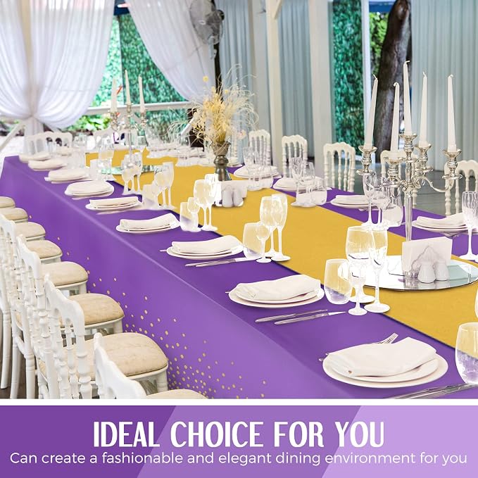 24 Pack Purple and Gold Disposable Plastic Tablecloths and Satin Table Runner - Image 5