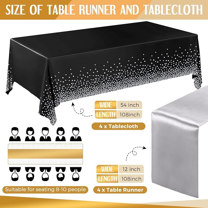 8 Pack Black and Silver Disposable Plastic Tablecloths and Satin Table Runner - Image 2