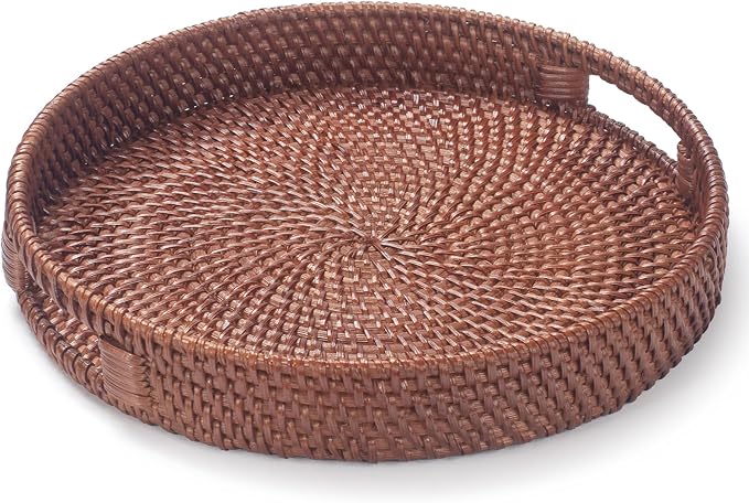 11.8 inch Round Rattan Tray, Decorative Coffee Table Tray, Ottoman Trays by YANGQIHOME