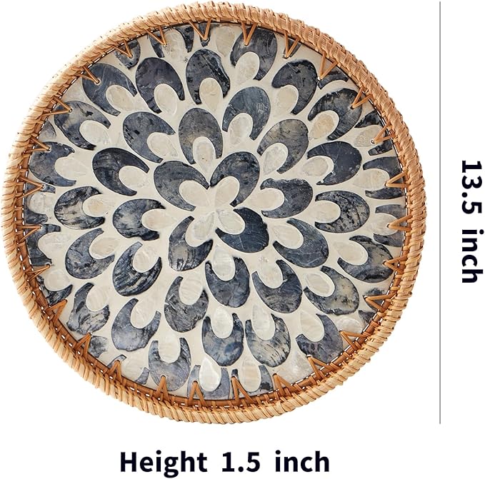 Round Rattan Tray with Mother of Pearl Inlay, Rattan Serving Tray with Wooden - Image 7