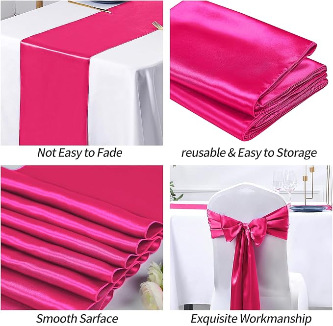 SiinvdaBZX 4 Pcs Hot Pink Satin Table Runner 12 x 108 inches Long | Bright - Image 6