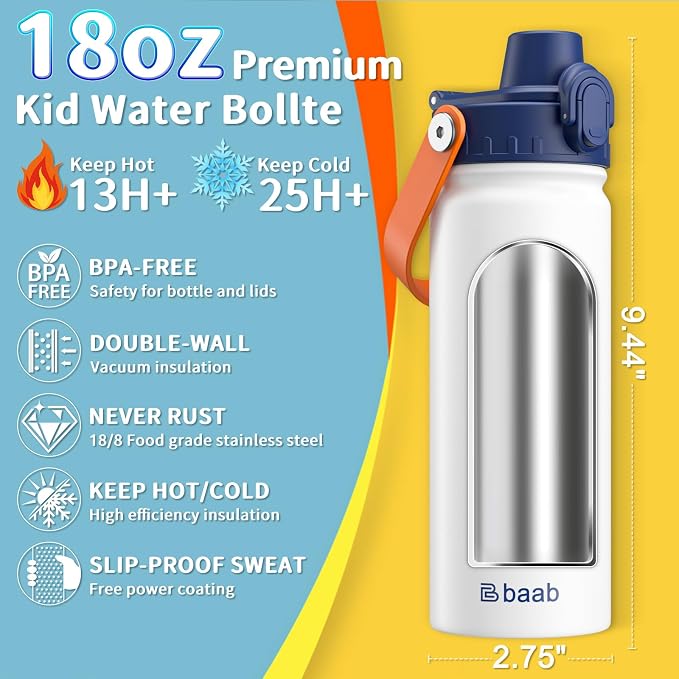 baab 18oz Kids Insulated Water Bottle 18/8 Stainless Steel Kids Cup 1 Pack | - Image 2