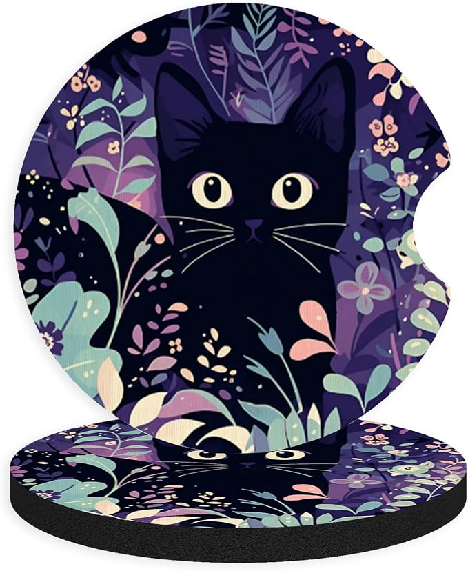 2pcs Cute Black Cat Car Coasters, Absorbent Universal neoprener Cup Holder by Unknown